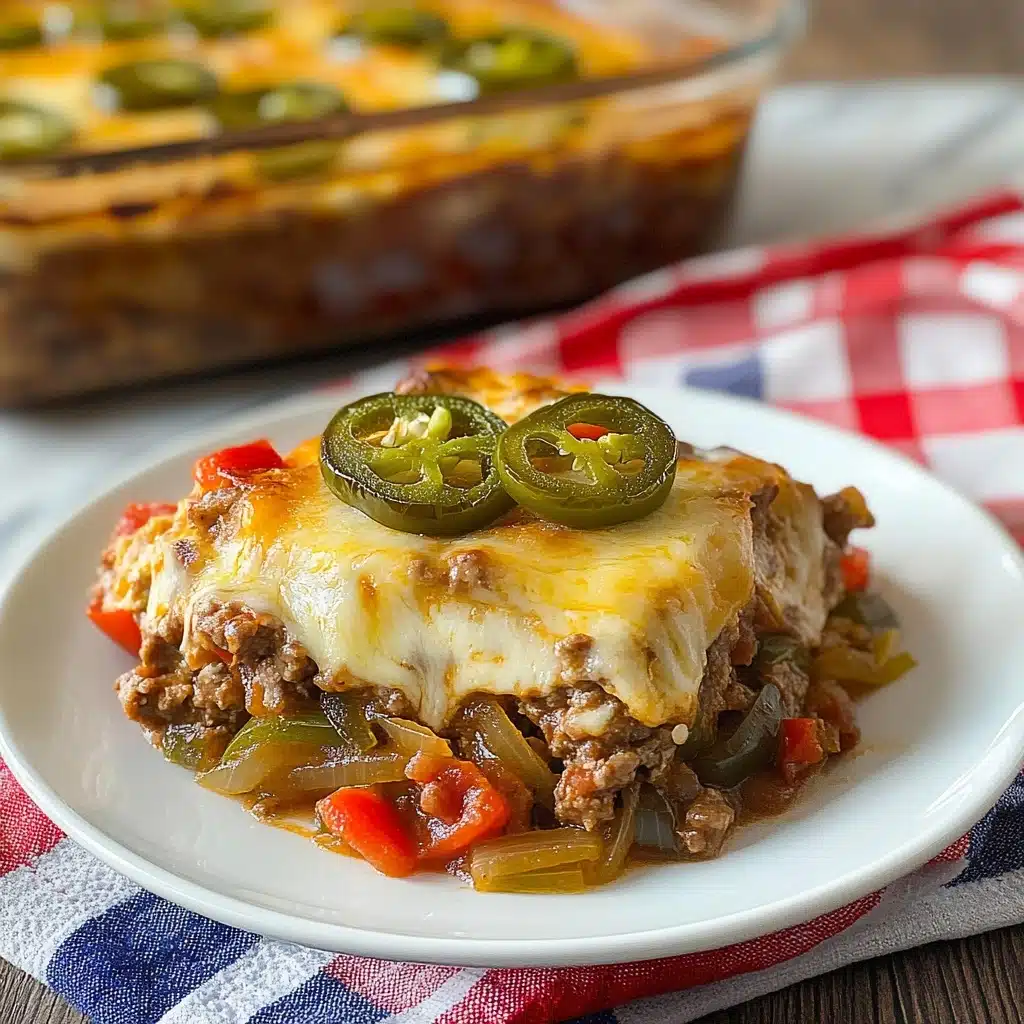 Southern Five Layer Beef Casserole, hearty beef casserole, layered casserole recipe, comfort food dinner, easy Southern beef casserole A white plate holds a layered dish that starts with a base of cooked ground meat mixed with small pieces of red bell pepper and translucent sautéed onions, forming the first layer. On top, there is a melted light brown cheese layer that covers the meat and vegetables. The final top layer consists of several green jalapeño slices spread evenly, with some melted cheese over them. The plate sits on a folded cloth with red, blue, and white checkered patterns against a white marbled surface. Behind the plate, a clear glass baking dish shows the same layered dish inside, slightly out of focus.
