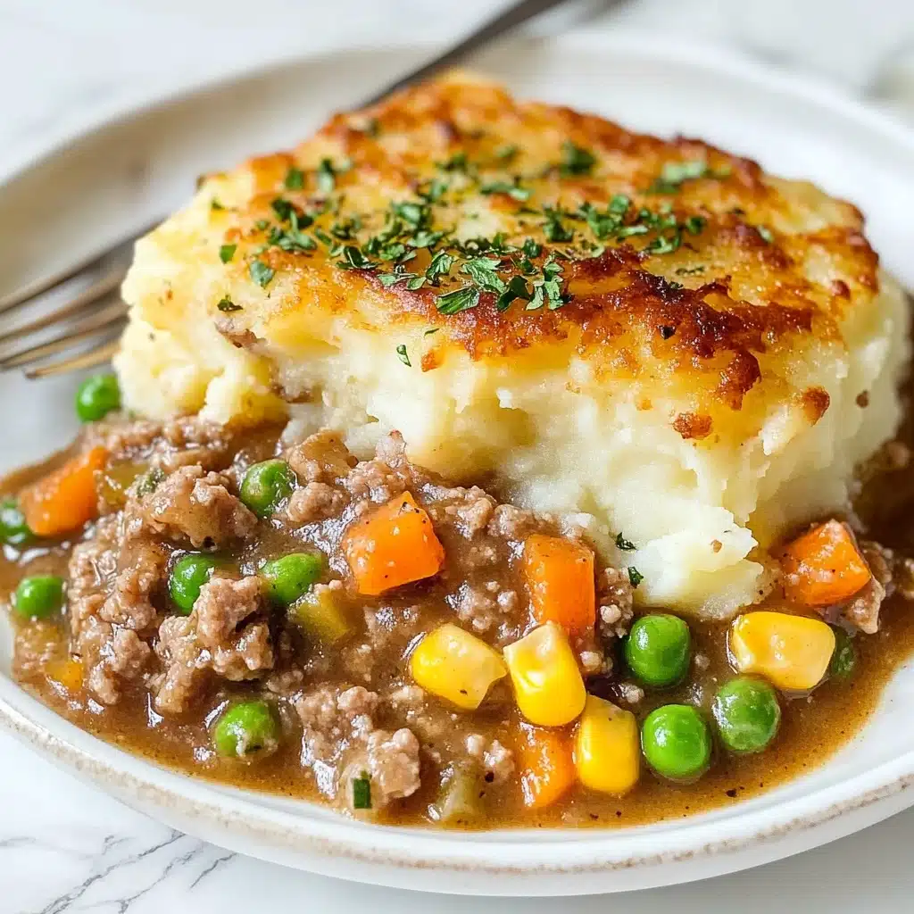 Easy Shepherd's Pie, hearty comfort food, quick shepherd's pie, savory ground beef casserole, family favorite dinner The dish shows a thick layer of golden-brown mashed potatoes on top, with a slightly crispy texture and a few green herb sprinkles. Below this, there is a moist layer of cooked ground meat mixed with bright green peas, orange carrot cubes, and yellow corn kernels, all coated in a rich brown gravy. The food is served on a white plate with a fork resting on the upper edge, placed on a white marbled surface.