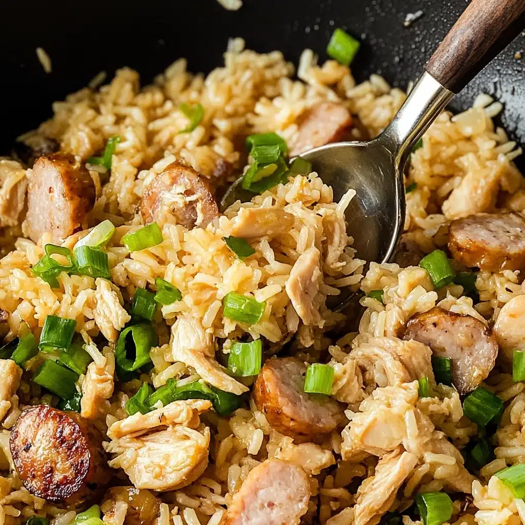 Chicken and Sausage Cajun Jambalaya, Cajun Jambalaya recipe, easy Cajun jambalaya, one-pot Cajun dinner, hearty jambalaya recipe This image shows a close-up of a cooking pan filled with a mixture of yellowish cooked rice, pieces of cooked light brown chicken, and browned sausage slices. The dish is garnished with chopped green onions and small bits of green herbs scattered throughout. A metal spoon with a wooden handle is scooping up some of the rice and sausage, partially buried inside the pan. The pan has a dark, textured surface that contrasts with the light colors of the food. The photo was taken with an iphone