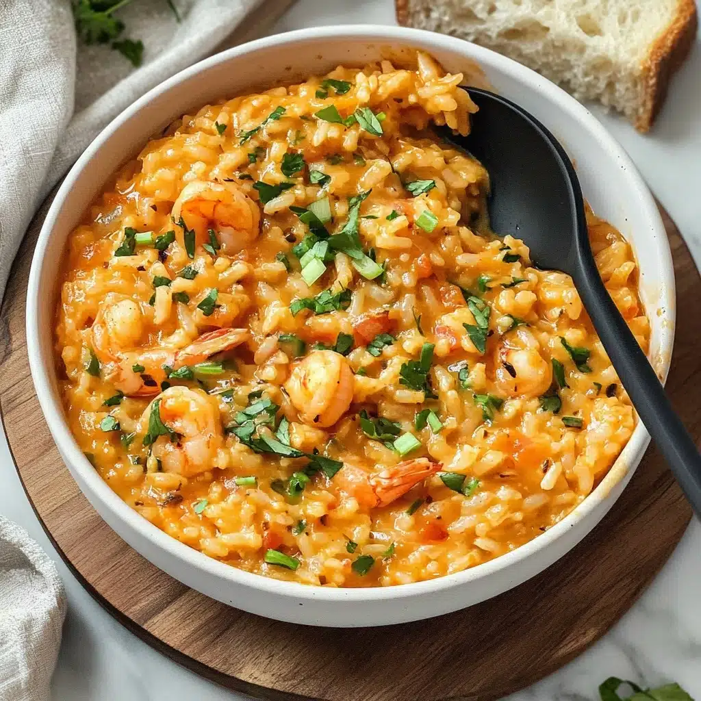 Marry Me Shrimp and Orzo, Shrimp and Orzo Recipe, Easy Shrimp and Orzo Dinner, Elegant Shrimp and Pasta Dish, Flavorful Shrimp and Orzo Meal A large white bowl filled with a creamy orange-colored rice dish that has small pieces of shrimp mixed throughout. The dish shows a soft, saucy texture with rice grains evenly coated in the creamy sauce, dotted with bits of red and green herbs. On top, there are sliced green onions and chopped parsley for garnish. A black spoon is partially immersed in the bowl, resting on the side. The bowl sits on a wooden board with a piece of garlic bread at the corner, all placed on a white marbled surface.