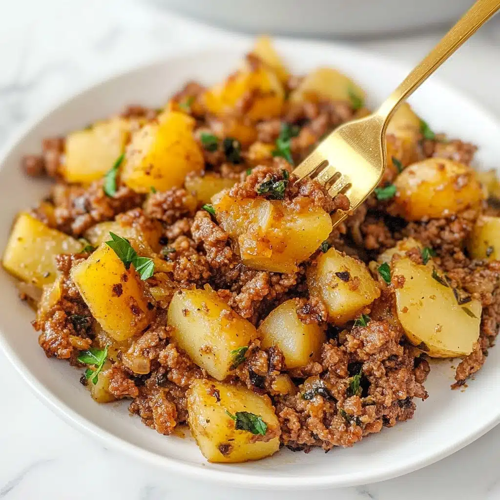 Beef and Potatoes Skillet, hearty beef skillet dinner, one-pan beef recipes, quick beef and potato skillet, comforting weeknight meals The image shows a white plate filled with a cooked mixture of browned ground meat and golden yellow potatoes, cut into chunks. The meat appears crumbly and mixed evenly with the potatoes, some of which have a slightly crispy brown edge. Small bits of green herbs are scattered on top and throughout the dish for added color. A gold fork is holding a bite-sized piece, lifting it above the plate against a white marbled surface background.