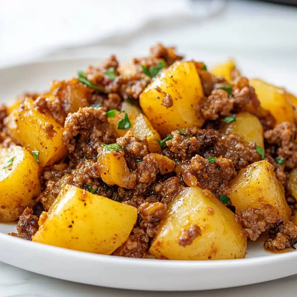 Beef and Potatoes Skillet, hearty beef skillet dinner, one-pan beef recipes, quick beef and potato skillet, comforting weeknight meals A close-up view of a white plate filled with a dish made of browned cooked ground meat mixed with large chunks of golden-yellow cooked potatoes. The meat looks crumbly and spicy with some green herbs mixed in, adding small green spots on top. The dish is mixed evenly without any separate layers, and the colors range from the rich brown of the meat to the soft yellow of the potatoes. The plate sits on a white marbled texture with soft natural lighting highlighting the moist texture of the food.
