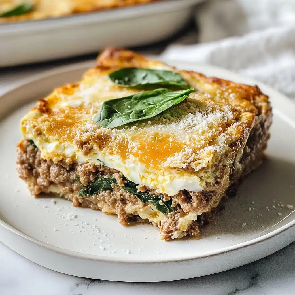Turkey and Egg Breakfast Casserole, healthy breakfast casserole, make-ahead breakfast recipes, protein-packed breakfast, hearty breakfast ideas A baked dish in a square beige casserole shows three main layers: the bottom layer of cooked sausage pieces, a middle layer of melted golden-yellow cheese mixed with white creamy spots, and on top, fresh green spinach leaves spread evenly. The cheese layer has a slightly browned texture at the edges, and the spinach leaves look fresh and soft. The casserole sits on a white marbled surface with a light checkered cloth beneath it.