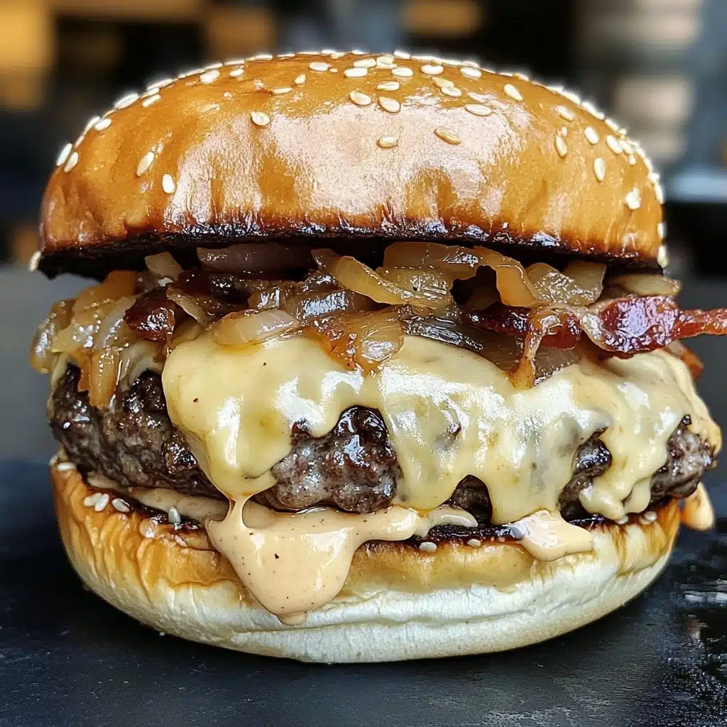 Smash Burgers with Baconnaise Sauce, juicy smash burger recipes, easy bacon burger ideas, flavorful backyard burger recipes, crispy smash burger tips A close-up of a burger with three main layers inside a sesame seed white bun. The bottom layer is a thick, juicy brown beef patty with caramelized golden-brown onions on top. Next is a layer of melted white cheese oozing over the patty. Above the cheese is a thick layer of creamy light yellow sauce with bits of bacon mixed in, dripping down the sides. The top white sesame bun rests on this sauce, slightly shiny and soft-looking. The burger sits on a dark surface with a blurred background,