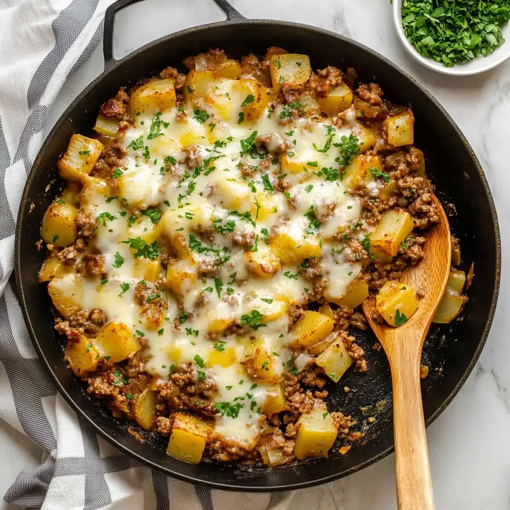Cheesy Ground Beef and Potatoes, ground beef and potatoes casserole, cheesy beef and potato skillet, hearty comfort food recipes, quick ground beef dinner The image shows a black skillet filled with a cooked dish layered with small cubed potatoes that have a golden-brown skin, mixed with browned ground meat, and melted cheese on top that is white and yellow with a slightly bubbly texture. The dish is garnished lightly with green herbs scattered across the surface. A wooden spoon rests inside the skillet on the right side, partially covered by the food. The skillet sits on a white marbled surface with a small white bowl filled with chopped green herbs nearby and a light striped cloth under the skillet's handle.