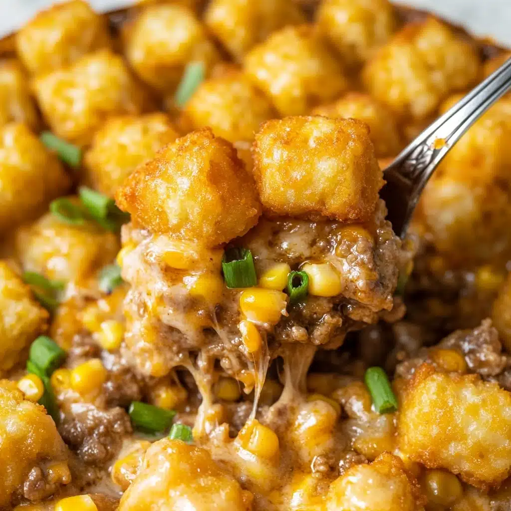 Tater Tot Casserole, creamy tater tot casserole, cheesy tater tot casserole, easy casserole recipes, comforting dinner ideas This image shows a close-up of a dish with two main layers. The bottom layer is a creamy mix of ground meat, corn pieces, and small bits of onion with a light brown color and moist texture. On top, there is a layer of golden brown crispy tater tots arranged close together, lightly browned on the sides with some melted cheese visible underneath. The dish is garnished with small pieces of green onion scattered on top. A spoon lifting a scoop of the dish reveals both layers clearly. The background is a white marbled texture.