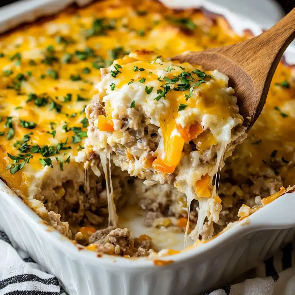 Cheesy Ground Beef and Rice Casserole, ground beef casserole recipe, cheesy rice bake, easy beef and rice dish, comfort food casserole A white baking dish holds a layered casserole with a top layer of melted yellow and white cheese sprinkled with chopped green herbs. Underneath, there is a thick layer of cooked ground meat mixed with vegetables and rice, which looks soft and moist. The middle layer includes rice mixed with small orange and yellow vegetable pieces. Part of the casserole is being lifted by a wooden spoon, showing stretchy, melted cheese strands connecting the lifted portion with the dish. The dish rests on a cloth with black and white stripes and the background is a white marbled texture.