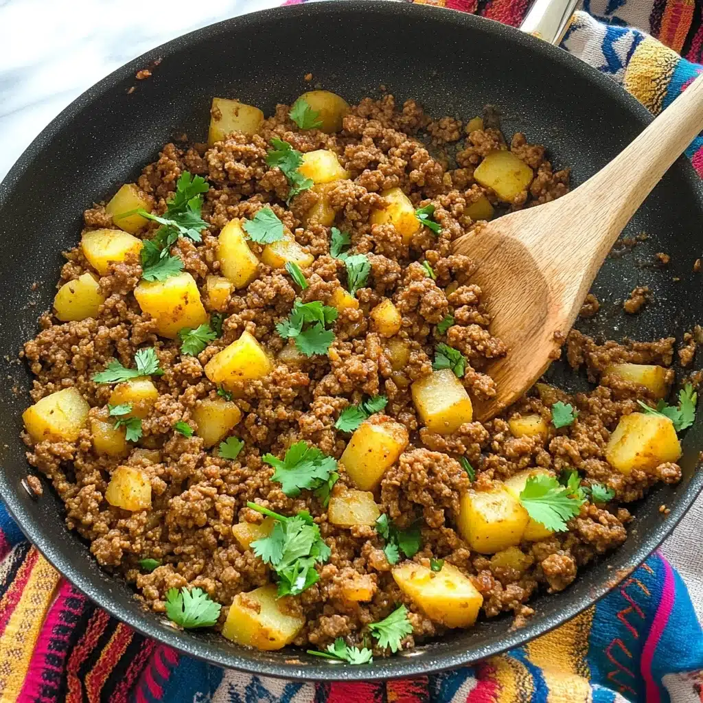 Mexican Picadillo, Picadillo recipe, Mexican ground beef dish, easy Picadillo, flavorful Mexican dinner In the image, there is a large black pan filled with a mixture of cooked ground meat and small diced yellow potatoes. The meat is brown and crumbly, evenly spread throughout the pan. The potato pieces are light yellow and scattered within the meat, adding some texture contrast. Small bright green cilantro leaves are sprinkled on top, adding a fresh touch of color. A wooden spoon is partially dipped into the mixture on the right side. The pan sits on a white marbled surface with a vibrant woven cloth underneath showing red, yellow, orange, black, and blue stripes.
