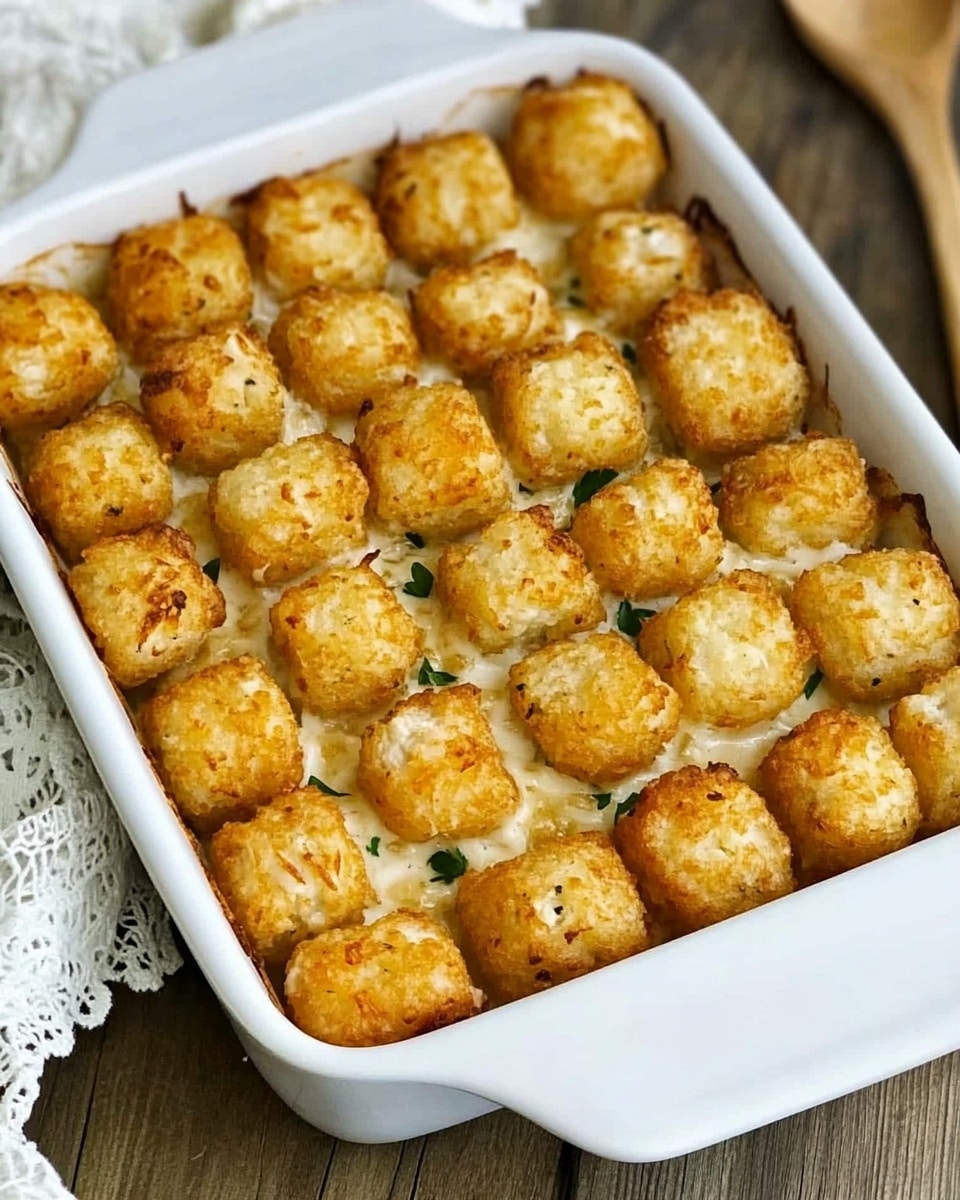 Chicken Tater Tot Casserole, cheesy tater tot casserole, easy chicken casserole recipes, family-friendly casserole ideas, hearty tater tot bake A white rectangular dish filled with a layer of golden and light brown tater tots arranged closely in a neat grid pattern, covering a creamy textured layer below that is slightly visible between the gaps of the tots. The dish sits on a wooden surface with a white lace cloth and a wooden spoon placed beside it. The tater tots have a crunchy texture with bits of green herbs sprinkled within.