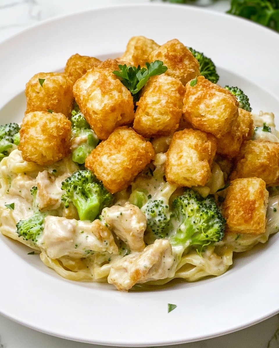 Chicken Tater Tot Casserole, cheesy tater tot casserole, easy chicken casserole recipes, family-friendly casserole ideas, hearty tater tot bake The dish is served in a white plate placed on a white marbled surface. It has two main layers; the bottom layer is creamy pasta mixed with green broccoli florets and tender light beige shredded chicken, creating a smooth and chunky texture. On top, golden brown tater tots are scattered evenly, adding a crispy and crunchy contrast. Small green parsley leaves are sprinkled over the dish, adding a fresh touch of color. The overall look is warm and inviting with a mix of creamy, green, and golden tones.