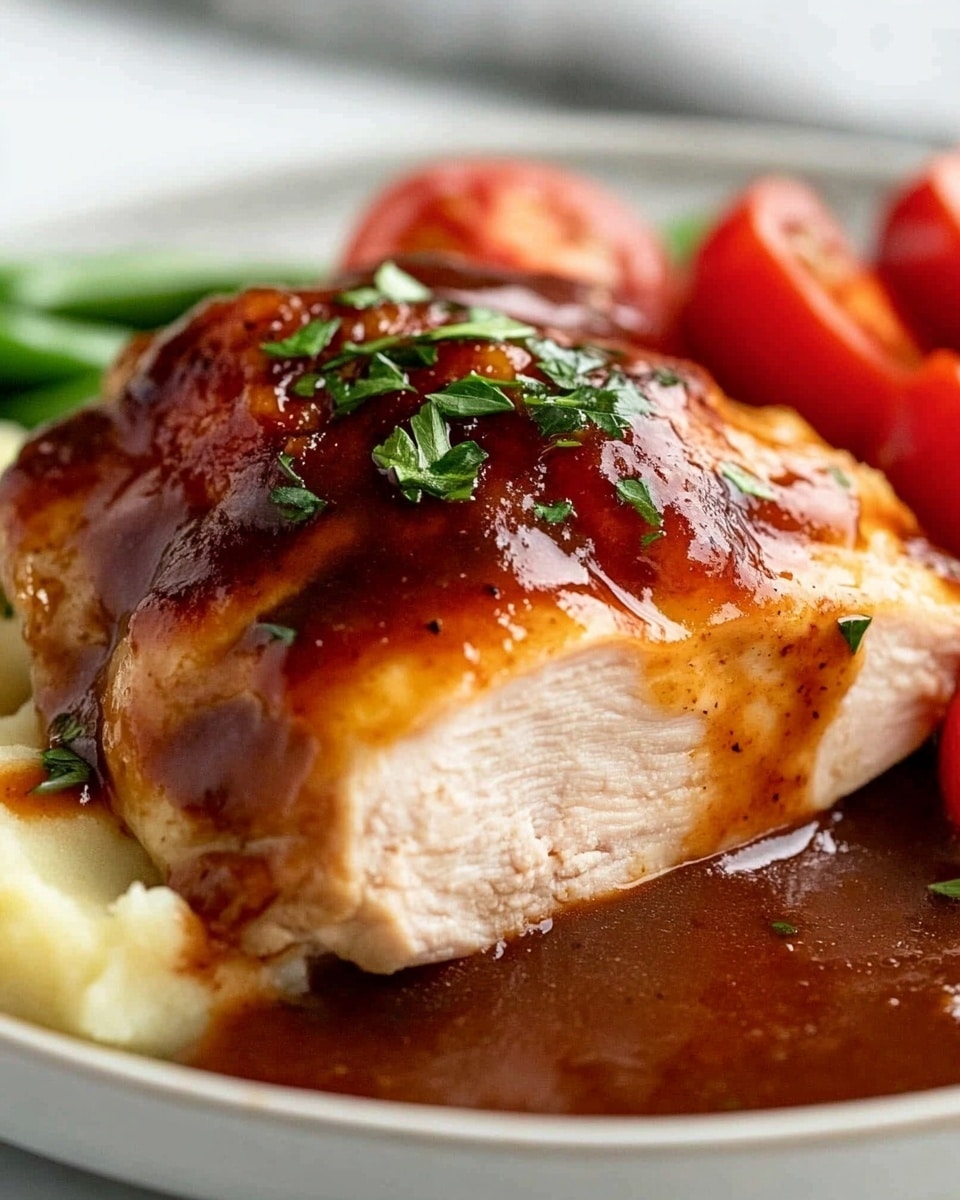 Oven Baked BBQ Chicken, Homemade Barbecue Sauce, quick BBQ chicken recipe, easy baked chicken dinner, flavorful oven baked chicken A close-up view of a thick piece of cooked meat with a dark reddish-brown sauce on top and small green herb pieces sprinkled over it. The meat is cut to show a tender, light pink inside and is placed on a creamy, pale yellow layer that looks like mashed potatoes. On the side, there are sliced red cherry tomatoes and green beans, all arranged on a white plate sitting on a white marbled surface. The right side of the meat is being held by a fork.