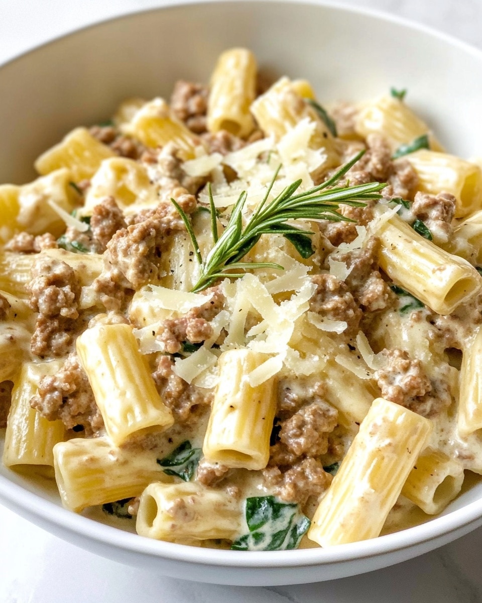 Creamy Sausage and Spinach Pasta, Italian sausage pasta with spinach, quick comforting pasta recipes, easy sausage pasta dinner, indulgent creamy pasta dish A white bowl filled with a creamy pasta dish consisting of short tube-shaped pasta mixed with small pieces of cooked ground meat and wilted green leafy vegetables, all coated in a light creamy sauce with some visible shredded cheese and small red flakes evenly spread throughout. A sprig of fresh rosemary rests on the edge of the bowl, which sits on a white marbled surface. The overall texture looks rich and slightly chunky, with the colors mainly light beige from the sauce and pasta, green from the leaves, and brown from the meat.