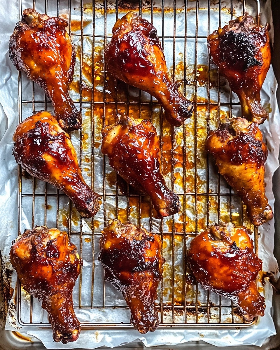 Baked BBQ Chicken Drumsticks, easy BBQ chicken recipe, baked chicken drumsticks, smoky baked chicken, juicy BBQ chicken thighs The image shows nine pieces of cooked chicken drumsticks arranged on a metal rack over a white tray lined with foil. The drumsticks have a deep reddish-brown color with a shiny, sticky surface from the sauce, showing charred and caramelized spots. The foil underneath has dark brown spots of cooked sauce and drippings, creating a textured and slightly messy look. The drumsticks vary in size and are placed in two uneven rows across the rack.