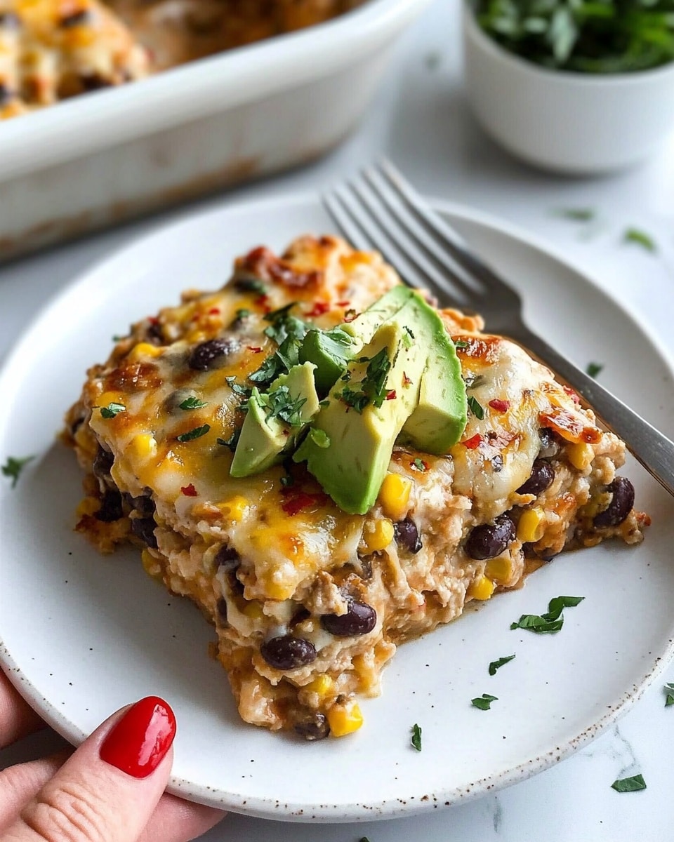 Southwestern Chicken and Rice Bake, easy chicken casserole, flavorful weeknight dinner, cheesy baked chicken and rice, quick Mexican inspired meal A white plate holds a square piece of a baked dish made of mixed ingredients including melted yellow and white cheese, black beans, corn, and small bits of tomato, all topped with diced green avocado and sprinkled with green herbs and red chili flakes. The texture looks creamy and cheesy with some visible chunks of vegetables. A fork rests on the plate’s edge, and in the lower left, a woman's hand with red nail polish holds the plate. In the blurred background, a white baking dish filled with the same dish is visible on a white marbled surface, along with a small white bowl of green herbs.