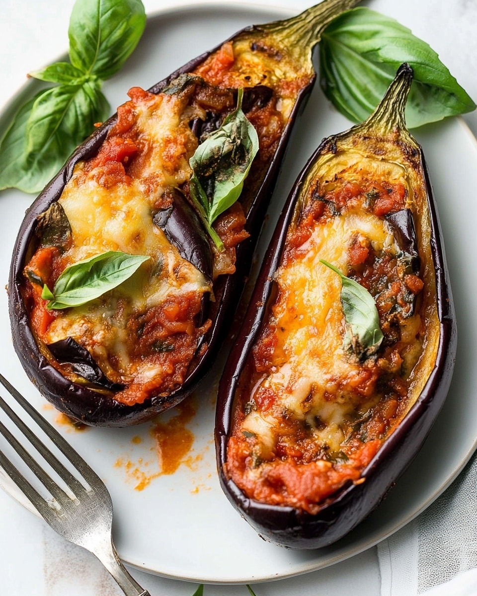 Italian Stuffed Eggplant, Italian stuffed eggplant recipe, baked eggplant with tomato and mozzarella, eggplant dinner ideas, vegetarian Italian dishes The image shows a white plate with two halves of roasted eggplant. Each eggplant half is filled with a thick, chunky red tomato sauce mixed with melted cheese and wilted green basil leaves, creating layers of dark purple skin, soft golden inside flesh, bright red sauce, and light brown melted cheese with some charred spots. A silver fork rests on the plate near one eggplant half, with a few fresh basil leaves placed artistically beside it. The background surface is a white marbled texture.