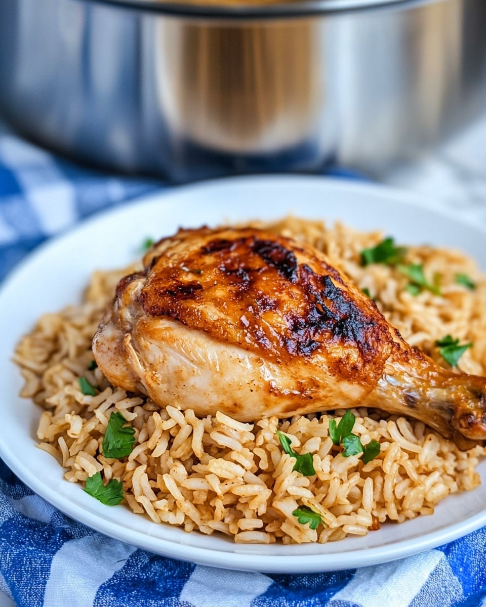 One-Pot French Onion Chicken and Rice, French Onion Chicken skillet, Easy One-Pot Chicken and Rice, Comforting Chicken and Rice dinner, Quick one-pan chicken recipe A white plate holds a bed of light brown rice mixed with small green herb pieces, topped with a single piece of golden-brown cooked chicken that has darker charred spots and a slightly shiny surface, showing a tender texture. The background features a reflective stainless steel pot with more rice and chicken inside, placed on a blue checkered cloth with a white marbled surface beneath.