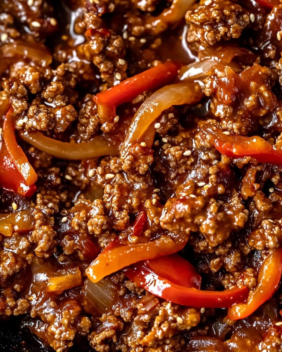 20 Minute Korean Gochujang Beef Bowls, Korean beef bowl recipe, quick Korean beef dinner, spicy gochujang beef bowls, easy Korean dinner ideas This image shows a close-up view of cooked ground meat mixed with sliced red bell peppers and onions in a glossy, dark brown sauce. The meat is crumbly and covered with sesame seeds, giving a textured, slightly rough appearance. The red pepper strips are scattered evenly among the meat, adding bright red color and smooth surfaces. Thin slices of translucent onions are also visible, blending softly with the sauce. The sauce looks thick and shiny, pooling slightly around the ingredients, giving a rich and moist look. The background is out of focus, emphasizing the savory dish.