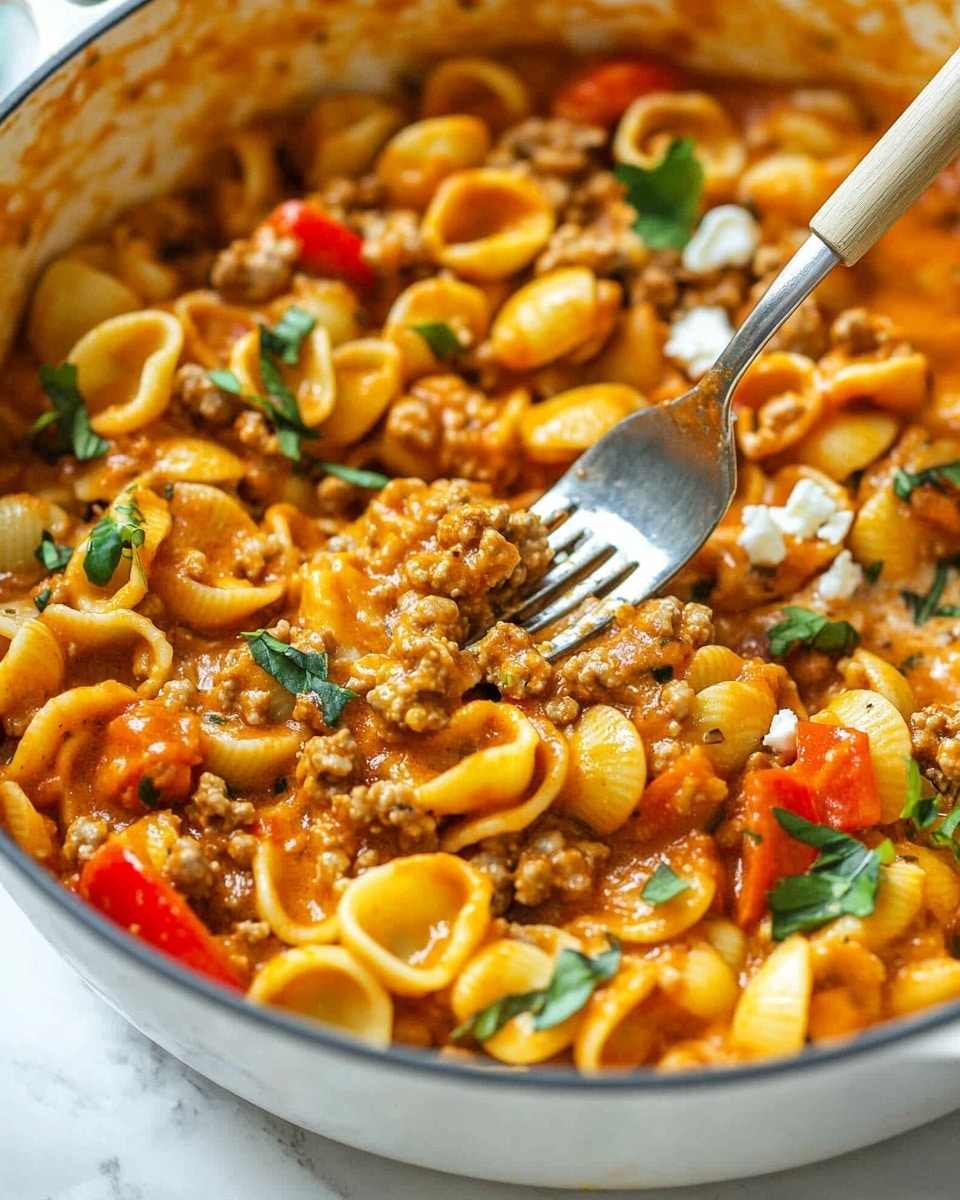 One Pot Ground Chicken Fajita Pasta, fajita pasta with ground chicken, easy fajita pasta recipe, Italian-inspired fajita dinner, quick one pot chicken pasta A close-up view of a large white pot filled with orecchiette pasta mixed with a rich, creamy orange sauce, ground meat, and red bell pepper slices. The dish is topped with fresh green herbs and white cheese crumbles, showing a thick, hearty texture. A fork with a wooden handle stirs through the pasta, scooping up a mix of noodles, sauce, and meat, with sauce smeared lightly on the pot edges. The pot is placed on a white marbled surface, adding brightness to the scene.