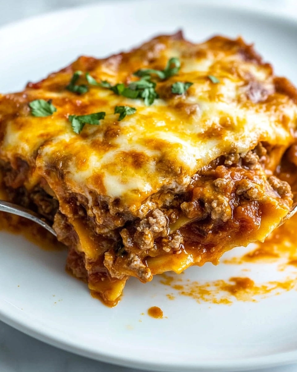 Beef Enchilada Casserole, easy beef enchilada bake, cheesy beef casserole, Mexican-inspired dinner, quick weeknight enchiladas A white plate holds a three-layer lasagna with visible layers of rich, brown meat sauce mixed with cooked onions, creamy melted yellow cheese between each flat pasta layer, and a shiny, slightly oily sauce coating the top. Small green herbs are scattered on top for a pop of color. The lasagna looks soft and moist with sauce spilling slightly onto the white marbled surface underneath.