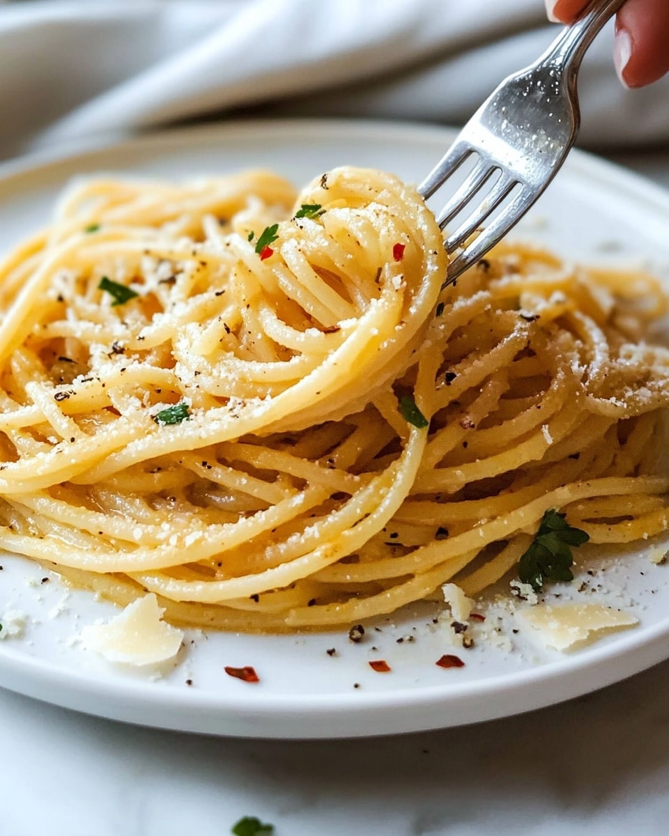 Creamy Cajun Linguine, Cajun Linguine Recipe, Easy Cajun Pasta, Spicy Creamy Pasta, Quick Cajun Dinner A white plate sits on a white marbled surface, holding a small mound of yellowish spaghetti coated in a light sauce. The pasta is speckled with black pepper and bits of green herbs scattered on top. A silver fork is twirling some of the spaghetti near the edge of the plate, held by a woman's hand. Small bits of red pepper flakes and grated cheese are scattered on the surface near the plate. In the background, a white and grey cloth is slightly visible.