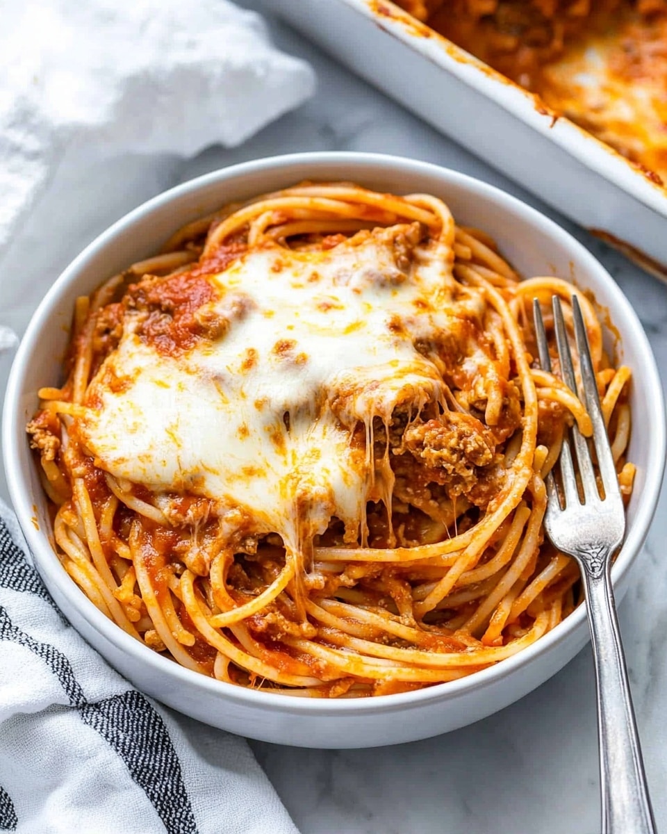 Million Dollar Spaghetti, Easy baked spaghetti with cheese, Cheesy baked pasta with ground turkey, Italian-inspired comfort food, Perfect weeknight dinner ideas A white bowl filled with baked spaghetti, showing layers of thick spaghetti noodles mixed with a red tomato sauce and small pieces of cooked meat. The top layer has melted and browned cheese, slightly bubbly and unevenly spread, with some areas more golden than others. A silver fork is placed inside the bowl on the right side, partially touching the spaghetti. The bowl is set on a white marbled surface with a folded white cloth with thin black stripes on the bottom left corner. In the background, there is a white baking dish filled with more baked spaghetti, showing a similar golden cheese top layer.