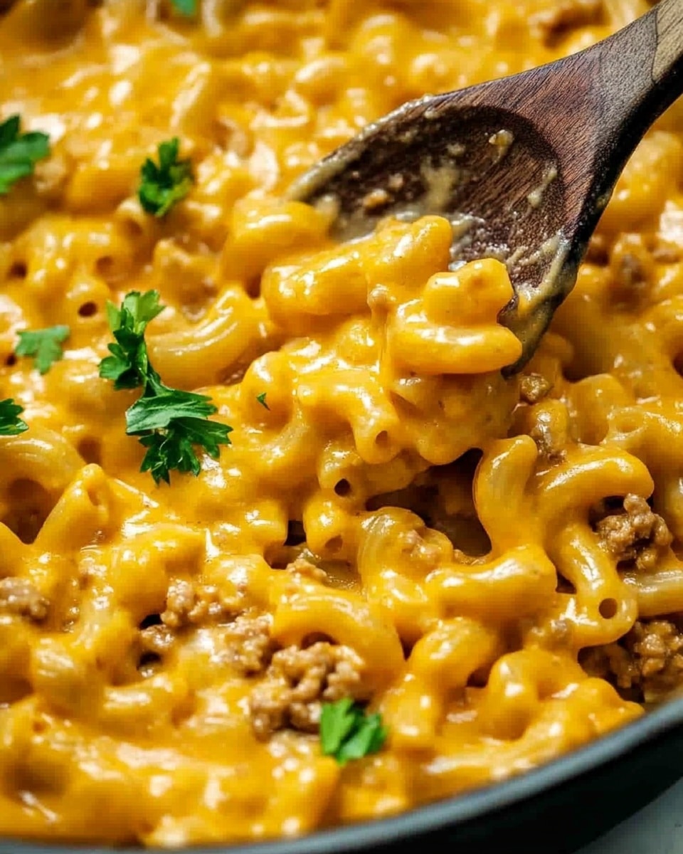 One Pot Cheeseburger Helper, homemade cheeseburger skillet, quick weeknight dinner, cheesy ground beef casserole, easy comfort food The image shows a close-up of a creamy, thick macaroni dish with a smooth, shiny orange cheese sauce coating the curved pasta pieces evenly. Small bits of cooked ground meat are mixed throughout, adding texture and a slightly brown color variation. Fresh green parsley leaves are scattered on top, giving a bright contrast to the warm, cheesy colors. A wooden spoon lifts a portion of the macaroni, showing the sauce’s rich and smooth texture. The background is a white marbled surface.