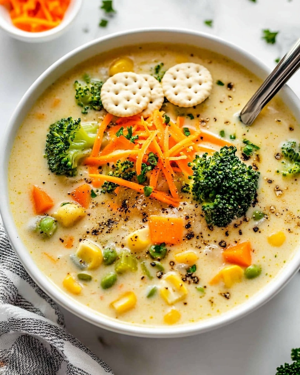 One Pot Creamy Vegetable Soup, easy vegetable soup, healthy vegetable soup, creamy vegetable soup recipe, quick vegetable soup A white pot filled with creamy soup that has a light yellow color with visible small dark herb flakes throughout. The soup contains chunks of green broccoli, orange carrot slices, and pale yellow potato pieces. There is a heap of shredded orange cheese and chopped green herbs sprinkled on top in the center. A wooden spoon with a light brown handle rests inside the pot, partially covered by the soup. Around the pot, there are two small white bowls, one with green herbs and the other with red chili flakes, all set on a white marbled surface. A folded blue and white striped cloth is underneath one side of the pot.