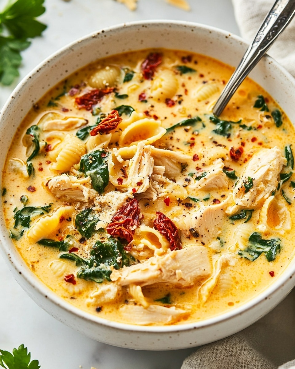 Creamy Marry Me Chicken Soup, creamy chicken soup, quick chicken dinner, easy comfort food, 30-minute chicken soup A white bowl filled with a creamy soup that has about five layers of ingredients visible: the bottom layer is a pale yellow creamy broth with slight orange tint, above it there are small shell pasta pieces in light yellow, scattered torn green spinach leaves, shredded light beige chicken pieces, and bits of sun-dried tomatoes adding red patches throughout. The soup is topped with a sprinkle of grated cheese and red chili flakes. A silver spoon rests inside the bowl, and the bowl sits on a white marbled surface with some green parsley leaves nearby.