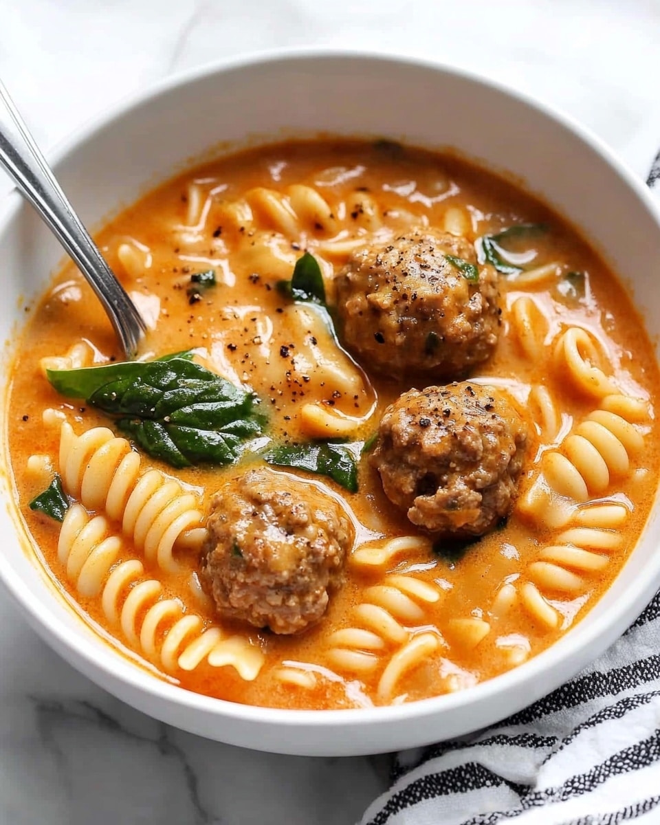 Meatball Soup, hearty meatball soup recipe, cozy soup with meatballs, tomato-based meatball soup, easy family dinner soup A white bowl filled with a creamy orange soup that has rotini pasta spirals and three brown meatballs spread evenly on top. Small green spinach leaves and tiny black pepper specks float in the thick soup. A silver spoon rests on the edge of the bowl, partially dipped in the soup. The bowl sits on a white marbled surface with a white and black striped cloth beneath it.