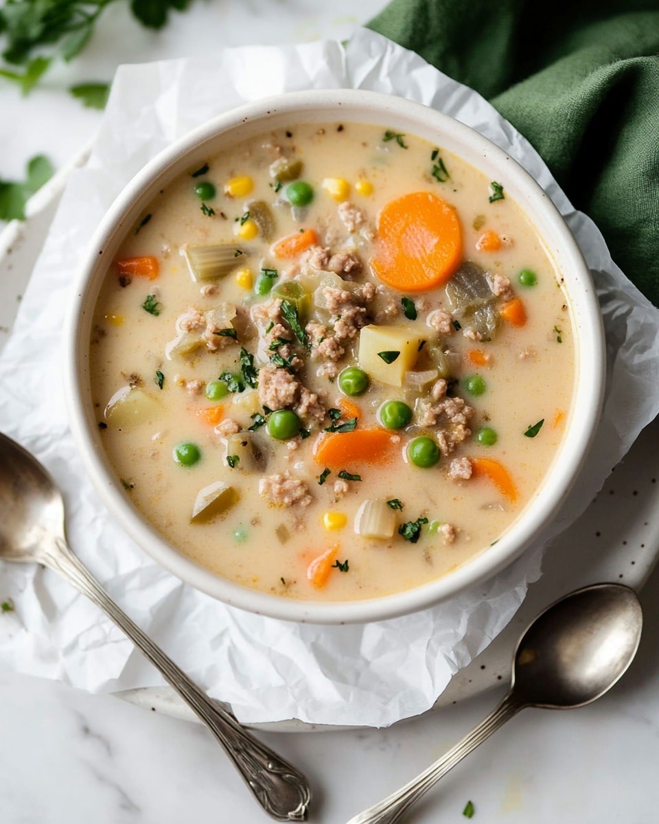 Shepherd's Pie Soup, hearty shepherd's pie soup, easy shepherd's pie soup, comforting shepherd's pie soup, quick shepherd's pie soup A white bowl filled with creamy soup showing chunks of orange carrots, light brown potato pieces with skin, green peas, and bits of light brown meat mixed in a pale, thick broth, garnished with small green herbs. A woman's hand holds a silver spoon lifting some of the soup above the bowl, with the background of a second white bowl, a white marbled surface, and some blurred green plants.