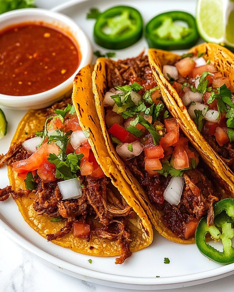 Chicken Birria Tacos, Chili-Infused Chicken Tacos, Oaxaca Cheese Tacos, Spicy Chicken Tacos, Mexican Birria Tacos A close-up view of a hand holding a reddish-brown crispy taco shell filled with shredded meat, topped with diced tomatoes, white onions, and chopped green herbs. The taco shell is being dipped into a small white bowl filled with thick, dark red sauce. Behind it, there are more tacos filled with similar ingredients on a white marbled surface. Kiwi and slices of green jalapeño peppers are scattered nearby, adding color contrast. The light highlights the textures of the taco shell and the moist filling, creating a warm, inviting scene.