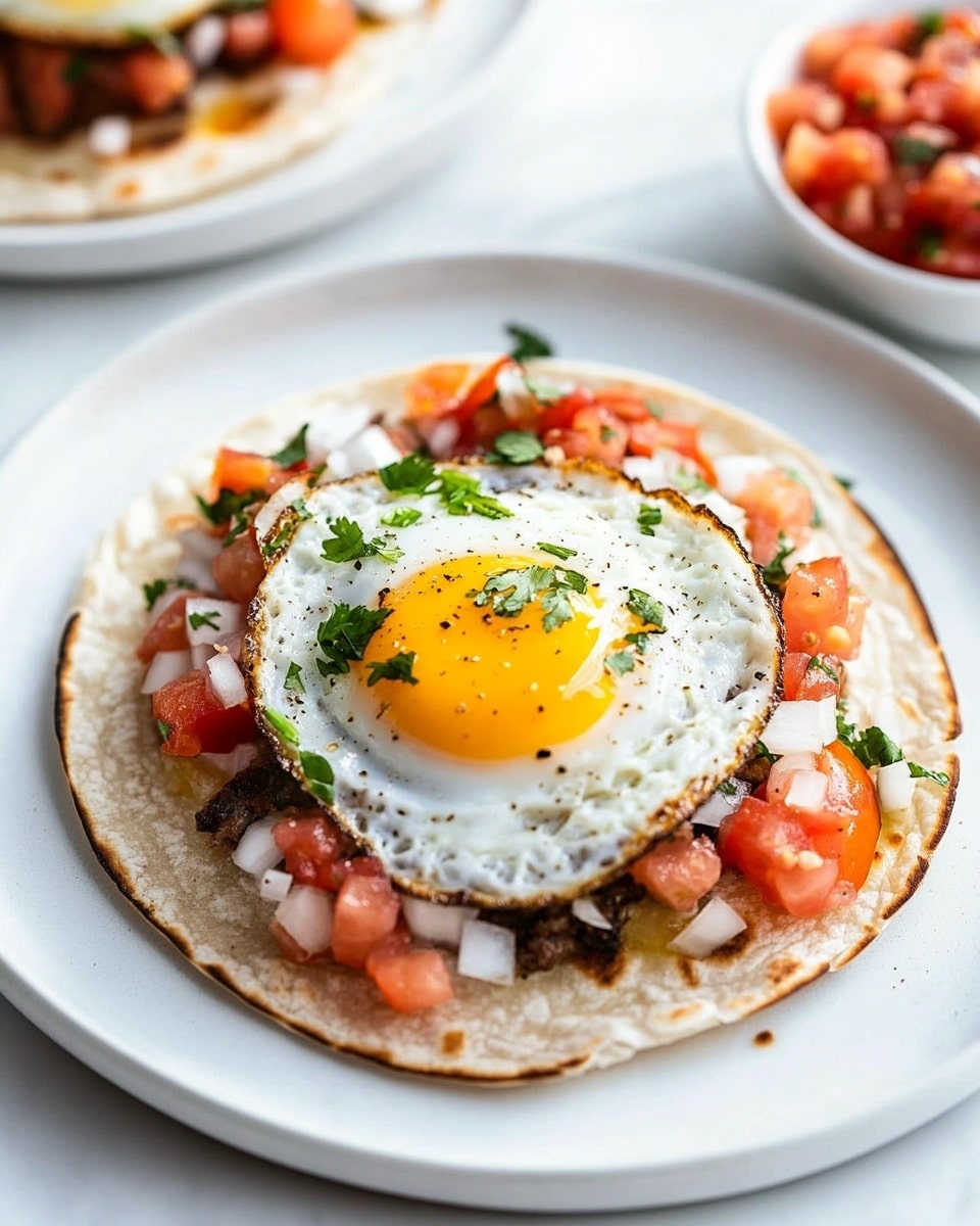 Fresh Huevos Rancheros, Huevos Rancheros ingredients, Mexican breakfast dishes, easy huevos rancheros, hearty breakfast ideas A white plate holds a dish with four main layers: at the bottom is a soft tortilla, covered with a layer of dark refried beans; on top of the beans is a layered fried egg with a bright, glossy yellow yolk in the center and white edges; over the egg is a chunky red salsa with visible tomato pieces; lastly, fresh pico de gallo with diced red tomatoes, white onions, and green cilantro sits on last. To the right side of the plate, a fork and knife with wooden handles rest, and the plate is placed on a white marbled surface with a white cloth with a blue stripe partly visible nearby.
