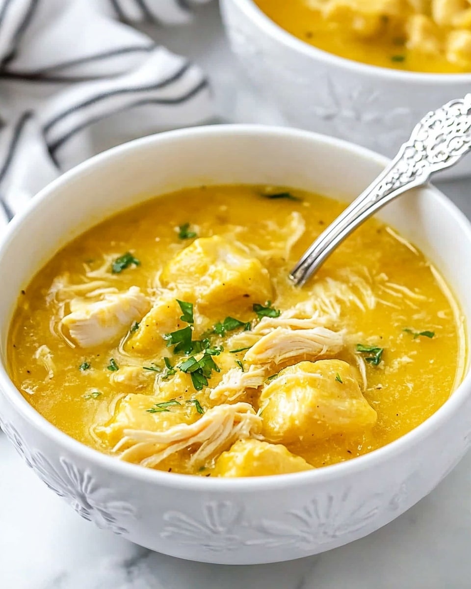 Slow Cooker Chicken and Dumplings, comfort food recipes, easy slow cooker dinner, hearty chicken stew, family-friendly slow cooker recipes The image shows a white bowl filled with a thick yellow soup with visible chunks of soft, golden pieces and shredded white chicken mixed throughout. The soup has a creamy texture with small green herbs sprinkled on top. There is a silver spoon with an intricate floral design resting inside the bowl. In the background, another white bowl is slightly visible, containing similar yellow chunks. The scene is set on a white marbled surface with a folded striped cloth nearby.