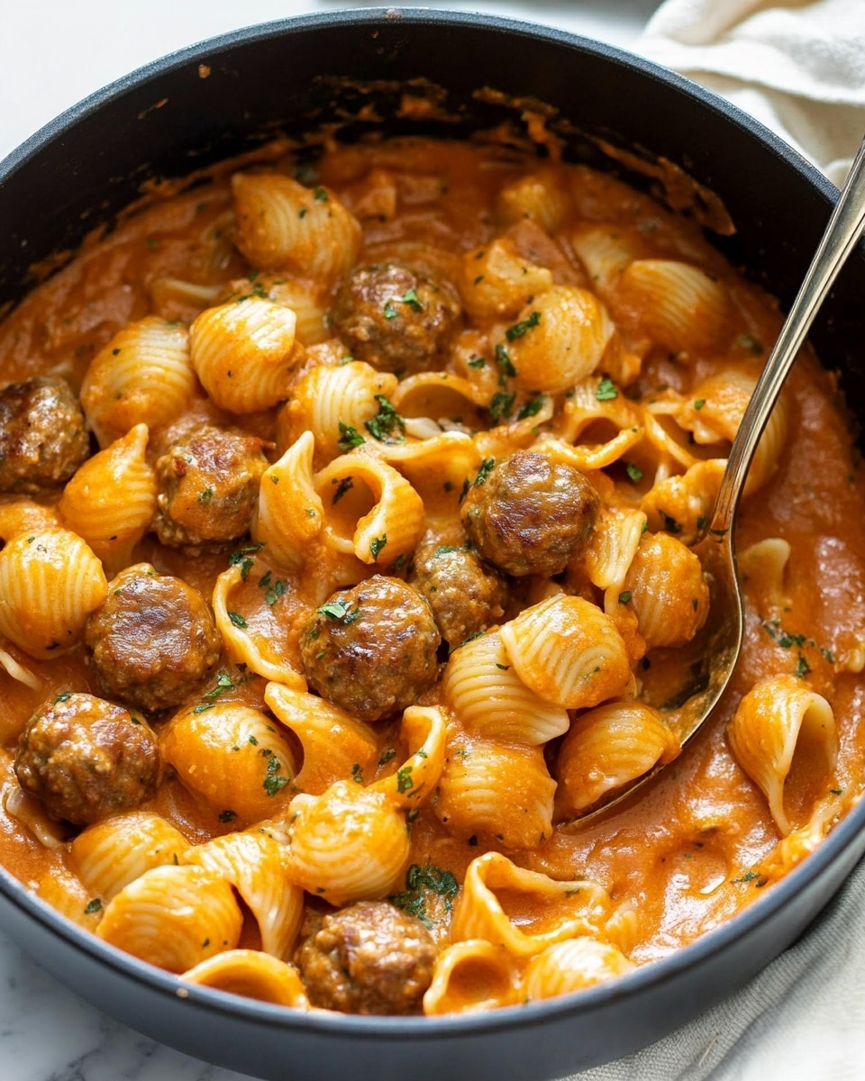 Meatball Pasta with Tomato Sauce and Mozzarella, hearty pasta dish, easy meatball recipe, cheesy tomato sauce pasta, comforting Italian dinner A white bowl on a white marbled surface is filled with small round pasta shells and medium-sized meatballs mixed in a thick orange-colored sauce. The sauce coats each pasta piece and meatball evenly, giving a creamy texture. Small green herb bits are sprinkled on top, adding color contrast. Part of a white cloth is visible in the top right corner, and another similar bowl partially appears in the top left.