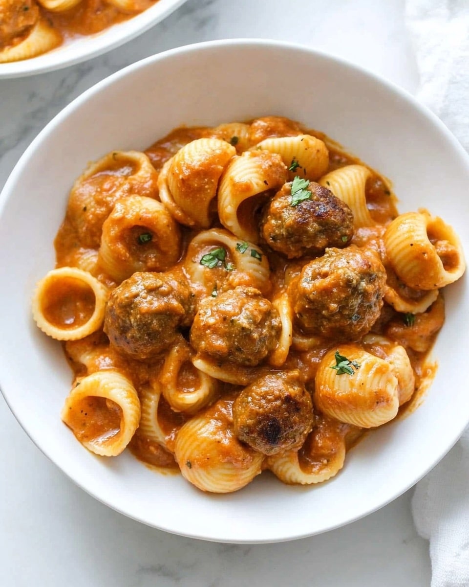 Meatball Pasta with Tomato Sauce and Mozzarella, hearty pasta dish, easy meatball recipe, cheesy tomato sauce pasta, comforting Italian dinner A white bowl filled with round pasta shells coated in a smooth orange sauce, mixed with small, round meatballs evenly spread throughout. The pasta and meatballs have a shiny texture, with small green herb bits sprinkled on top for a touch of color. The bowl is placed on a surface with a white marbled texture.