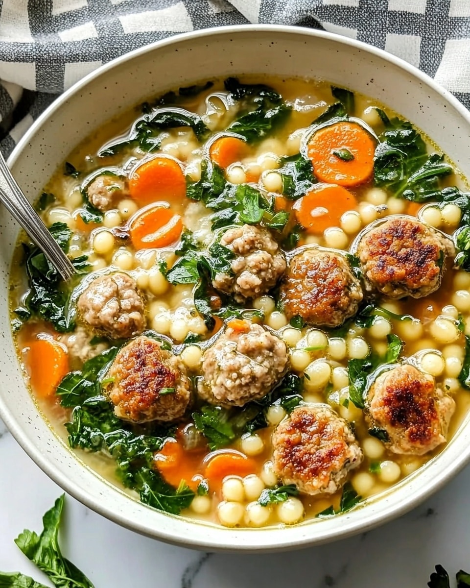 Italian Wedding Soup, Italian Wedding Soup recipe, homemade Italian Wedding Soup, comforting Italian soup, easy Italian Wedding Soup The image shows two white bowls filled with a warm soup made of small round pasta, bright orange carrot slices, and green spinach leaves mixed with browned meatballs or dumplings, all floating in a light broth. The soup is sprinkled with chopped fresh parsley, adding a fresh green touch on top. A silver spoon rests inside the front bowl, and the bowls sit on a white marbled surface. Around the bowls, there is a green and white checkered cloth, a small white bowl with chopped herbs, a small wooden bowl with pepper, and a smaller bowl of grated white cheese, with some loose parsley leaves spread nearby.