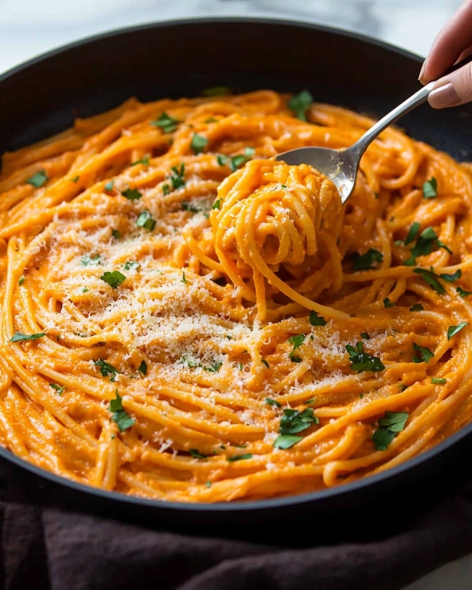 A black pan filled with a single layer of creamy orange pasta, mixed well with a thick sauce. The pasta strands are long, coated evenly with sauce, and sprinkled with small bits of fresh green herbs and white grated cheese on top. A woman's hand holds a spoon, lifting a small portion of the pasta, showing the smooth and rich texture of the dish. The pan rests on a soft dark brown cloth over a white marbled surface. Photo taken with an iphone --ar 4:5 --v 6.1