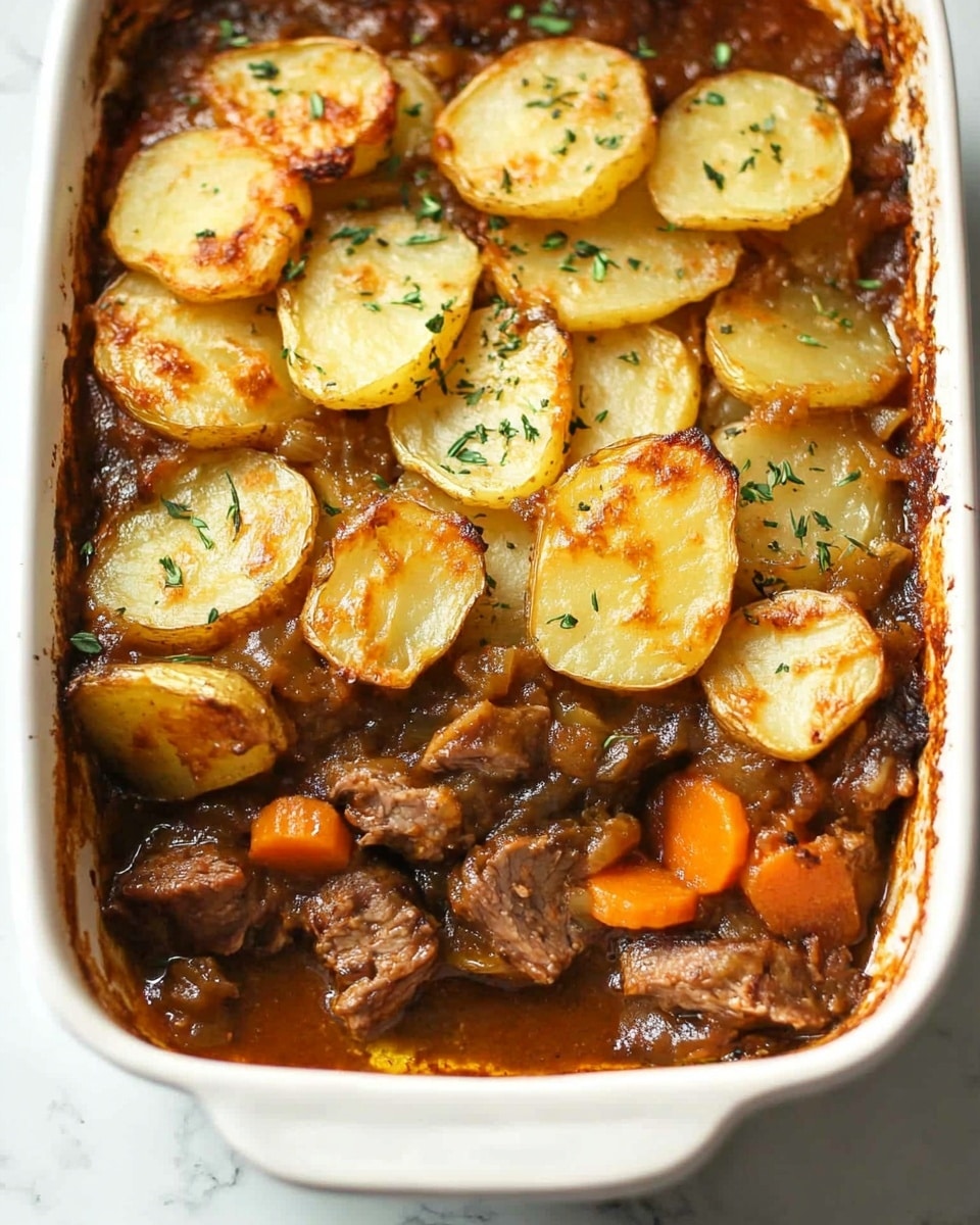 The dish is shown in a white rectangular baking dish on a white marbled surface. It has two visible layers: the top layer is made of golden-brown sliced potatoes lightly sprinkled with green herbs. The potatoes have a roasted look with some edges darker than others. Below this, there is a thick, rich stew layer with chunks of tender dark brown meat and small pieces of bright orange carrots in a shiny brown sauce. The sections where the stew is visible show a moist, hearty texture contrasting with the crispy potato topping. photo taken with an iphone --ar 4:5 --v 6.1