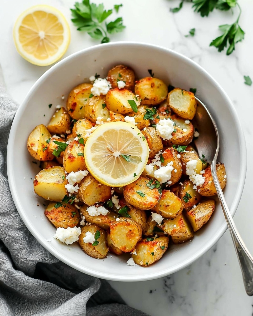 A white bowl holds a dish made of golden-brown, roasted small potato pieces with a slightly crispy outside and soft inside. Scattered on top are bits of white crumbled cheese and bright green parsley leaves. A thin, round slice of lemon with a pale yellow color rests near the center, adding a fresh look. A silver spoon is placed inside the bowl on the right side. The bowl sits on a white marbled surface, beside a gray cloth and some sprigs of parsley, with a halved lemon above it. Photo taken with an iphone --ar 4:5 --v 6.1