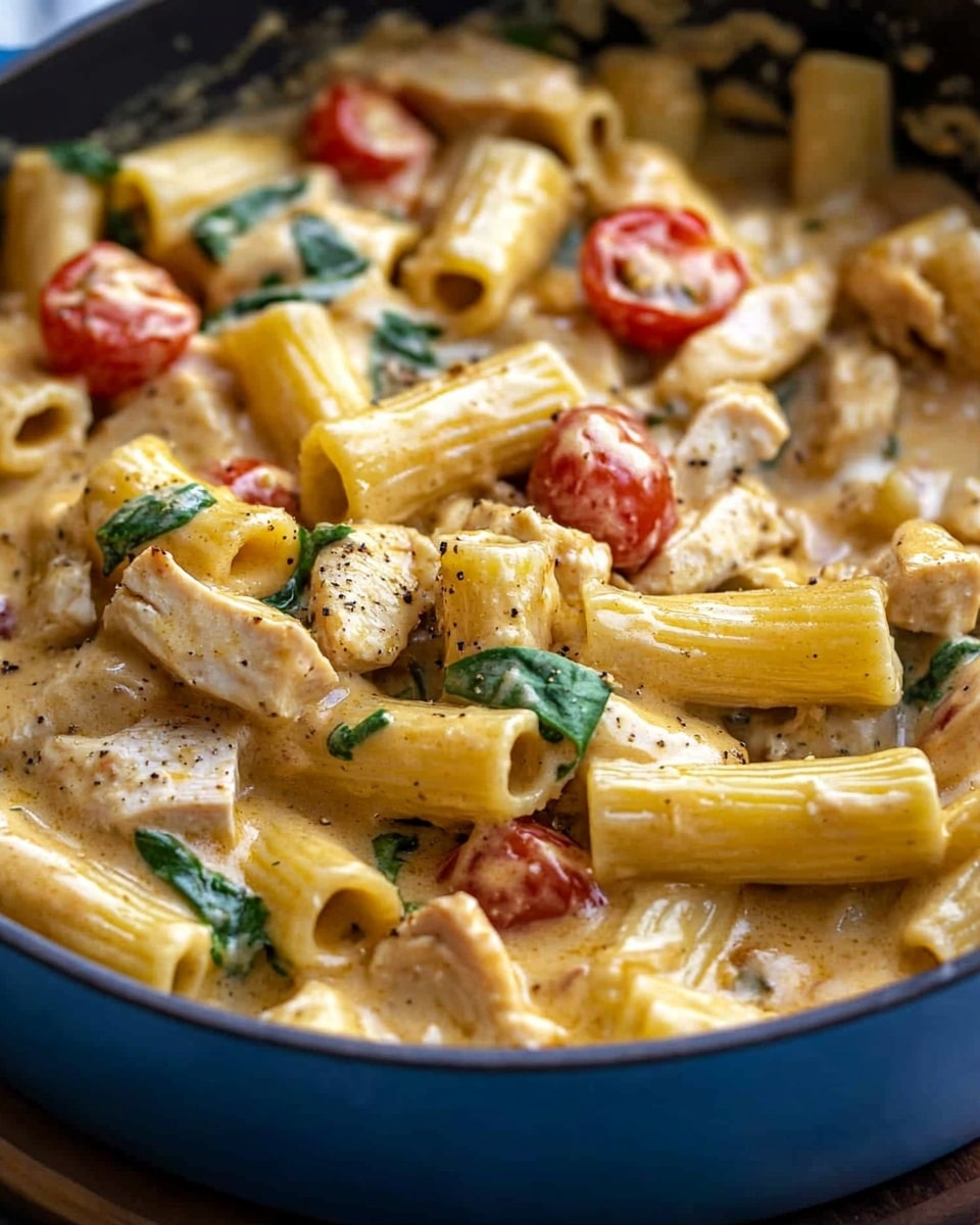 A close-up of a creamy pasta dish in a blue pan, showing three main layers: large rigatoni pasta tubes with a light golden-yellow color, pieces of light brown cooked chicken, and halved cherry tomatoes adding bright red spots. The creamy sauce covers everything, with green herbs and spinach leaves scattered evenly throughout, giving a mix of soft and textured surfaces. The ingredients are coated with a slightly glossy sauce, making the dish look rich and comforting. The pan sits on a round wooden board, with a blurred white marbled background. photo taken with an iphone --ar 4:5 --v 6.1