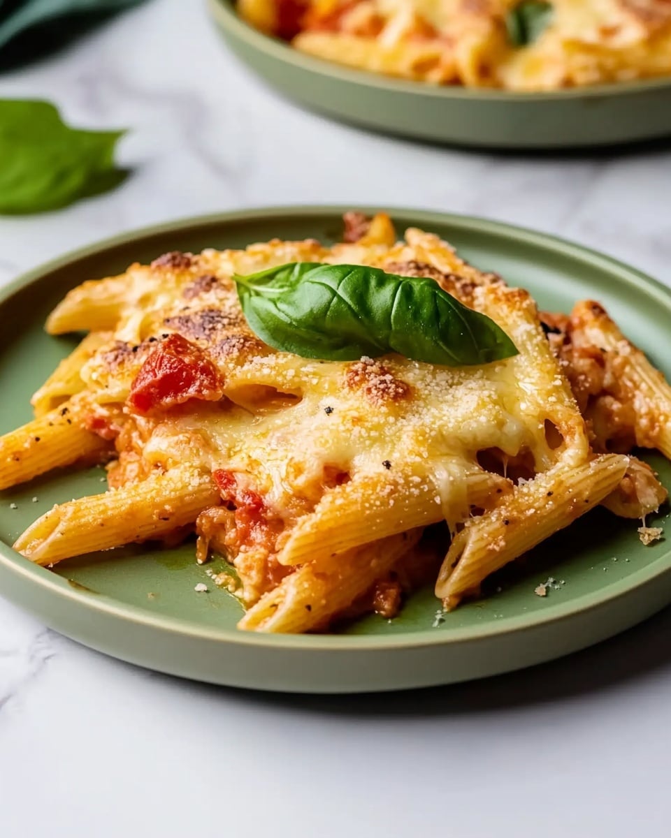 A white round plate holds a serving of baked pasta formed of two main layers; the bottom layer shows short, tube-shaped pasta in a light reddish sauce that looks creamy and smooth, while the top layer is golden brown and crumbly breadcrumbs mixed with melted cheese and bits of crispy pieces, dotted with green fresh basil leaves adding bright color contrast. The plate rests on a white marbled surface, and another portion of the same dish is partially visible in the background on a similar white round plate. photo taken with an iphone --ar 4:5 --v 6.1