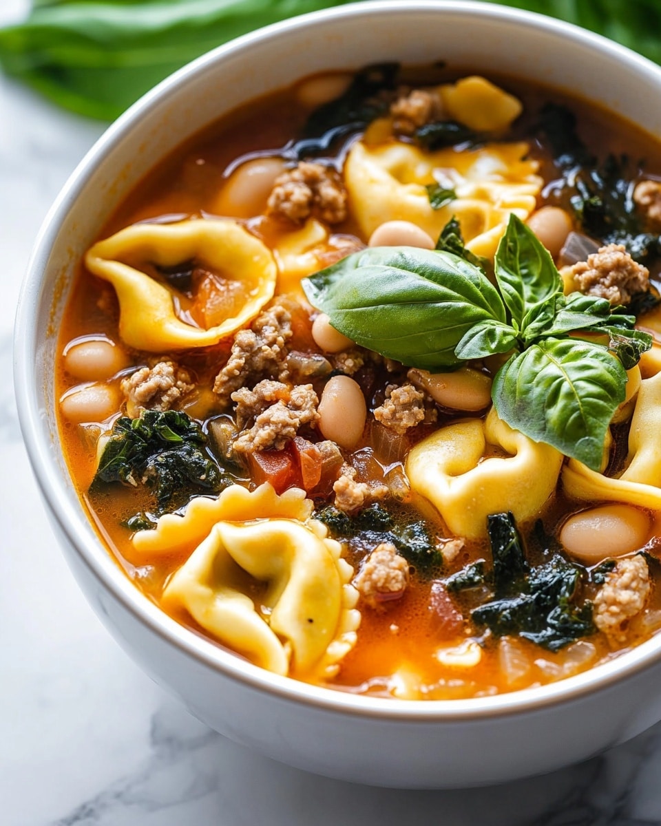 A white bowl filled with a warm soup that has three layers: the base layer is a light orange broth, the middle layer has small white beans and chopped dark green leafy vegetables, and the top layer shows several pieces of yellow tortellini pasta with ruffled edges, along with small chunks of light brown ground meat. On top, a fresh bright green basil leaf adds a splash of color. The bowl is placed on a white marbled surface. Photo taken with an iphone --ar 4:5 --v 6.1