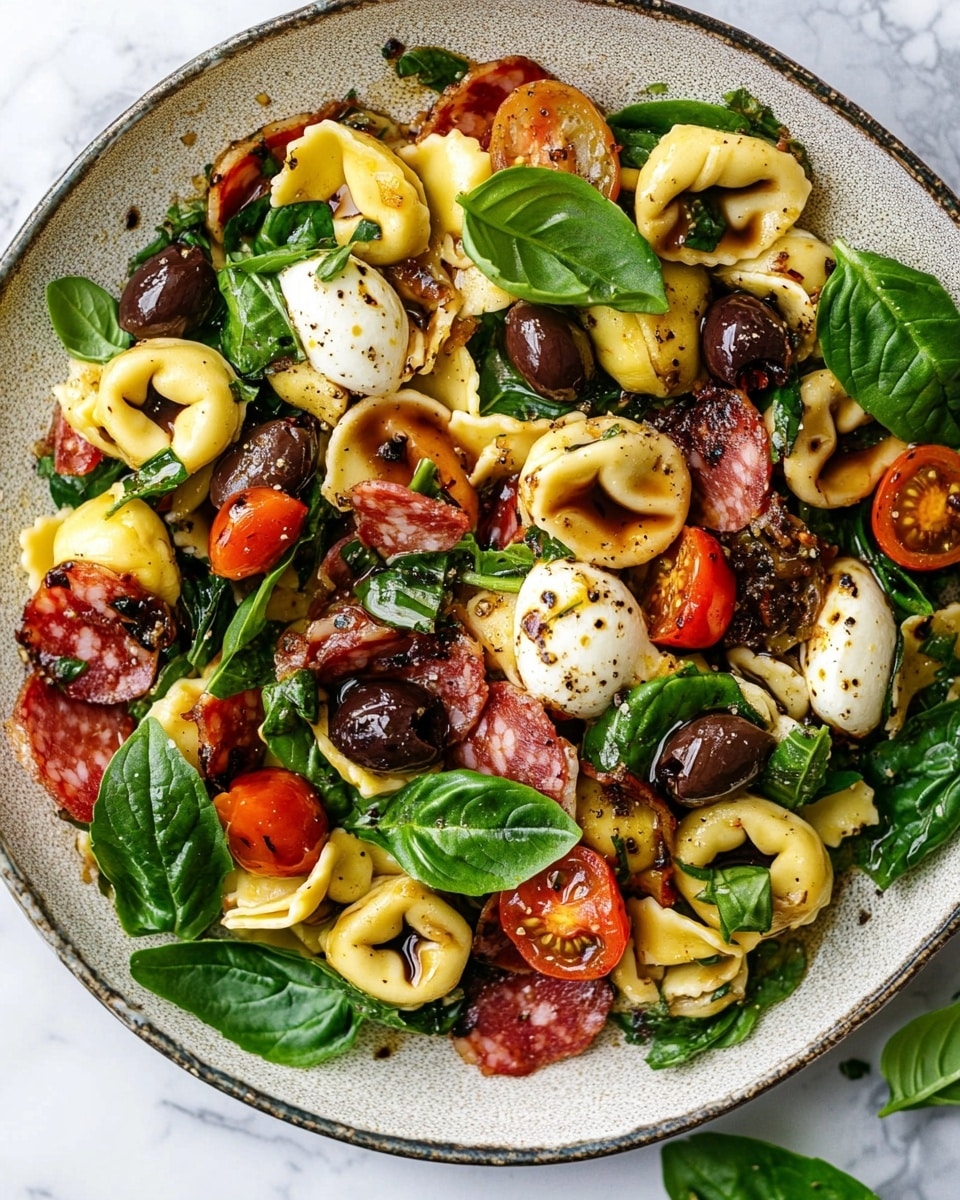 The image shows a white bowl filled with a colorful tortellini salad layered with bright green spinach leaves, yellow tortellini, chopped cherry tomatoes in red and orange colors, thin strips of brown salami, small white mozzarella balls, sliced mushrooms, and fresh green basil leaves scattered on top. The salad is drizzled with a dark balsamic glaze that adds contrast and shine to the vibrant layers. A wooden spoon mixing the salad is partially visible, along with a woman's hand holding it slightly. The bowl rests on a white marbled surface with a striped cloth nearby. Photo taken with an iphone --ar 4:5 --v 6.1