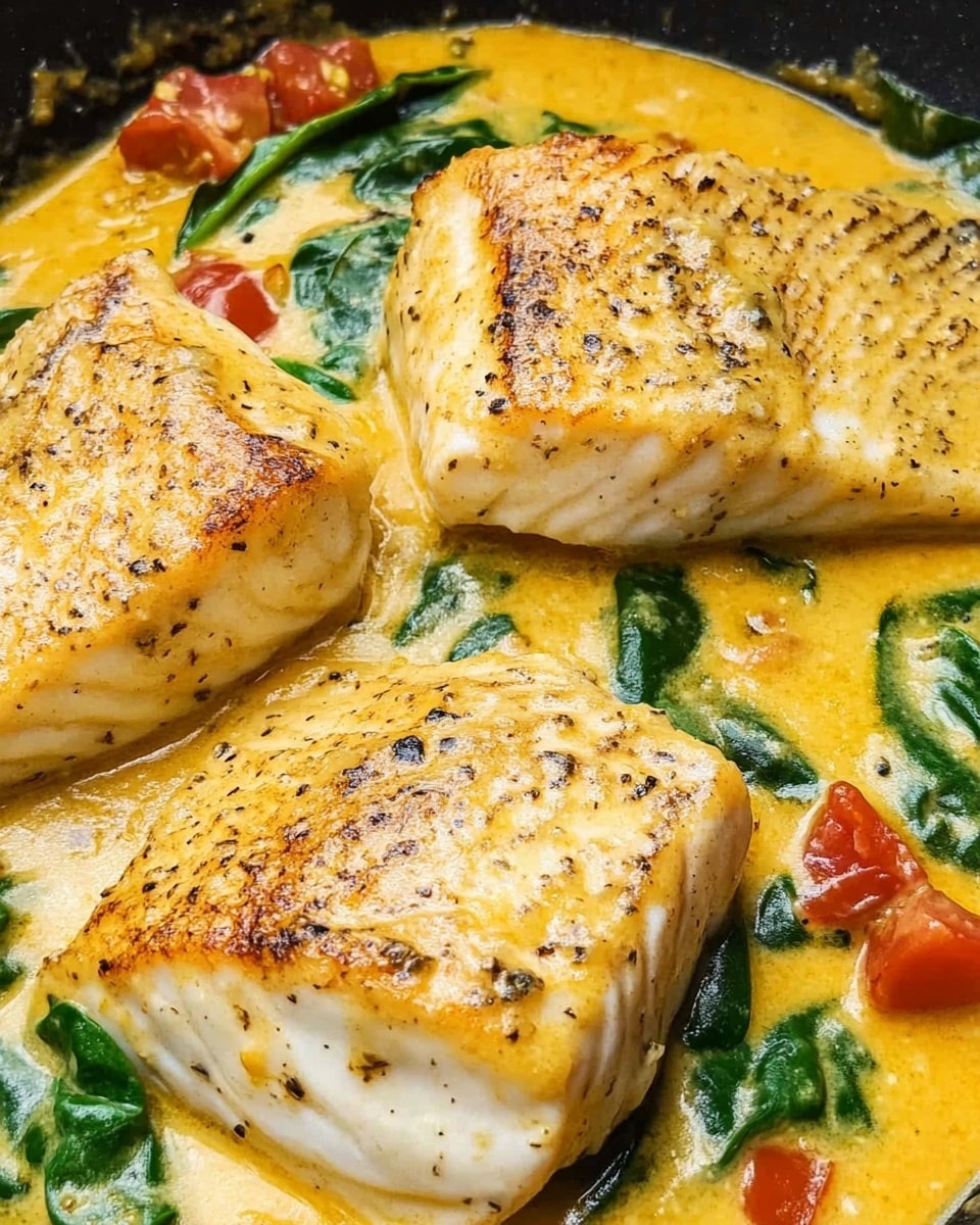 The image shows a pan with three large pieces of cooked fish sitting in a thick yellow creamy sauce. The fish pieces are lightly browned and seasoned with black pepper. Scattered around the fish are bright green spinach leaves and small red tomato chunks, which add color contrast to the yellow sauce. The sauce looks smooth and rich, covering the bottom of the pan and partially coating the fish and vegetables. The pan has a slight black edge that frames the food inside. Photo taken with an iphone --ar 4:5 --v 6.1