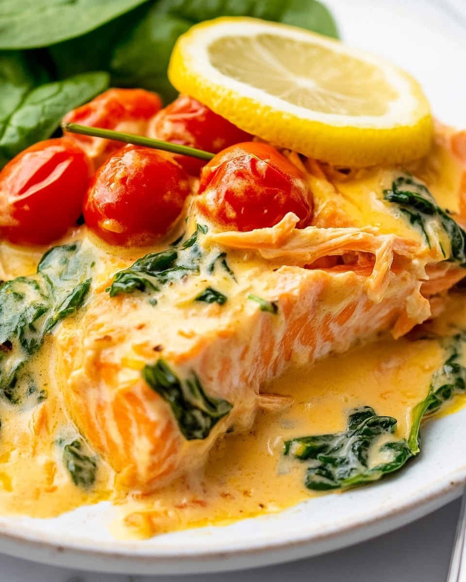 The dish shows one thick creamy sauce layer in a light orange color covering a piece of shredded cooked chicken with a soft texture. On top of the sauce, there are small bright red cherry tomatoes, green spinach leaves, and a thin lemon slice placed near the edge. The plate is white with a shiny finish and a fork partially visible on the right side. The background is a white marbled surface. The entire image has a close-up view focusing on the mix of colors and textures. photo taken with an iphone --ar 4:5 --v 6.1