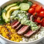 Steak Avocado and Roasted Corn Bowl with Cilantro Cream Sauce Recipe