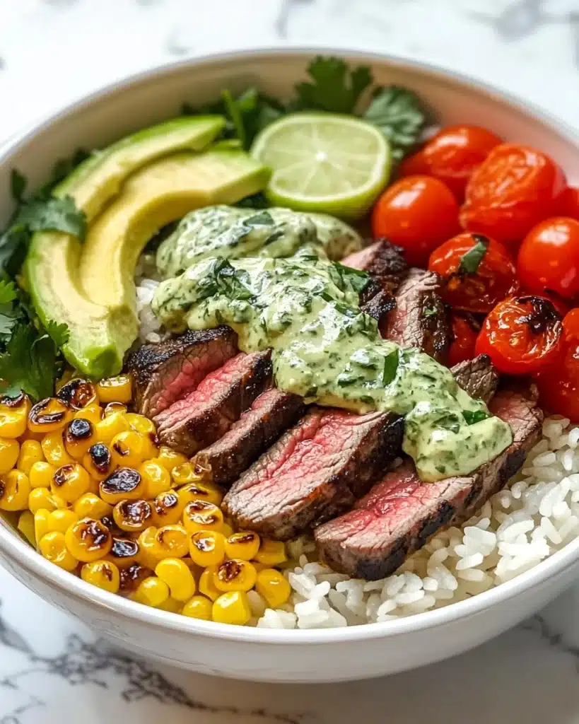 Steak Avocado and Roasted Corn Bowl with Cilantro Cream Sauce Recipe