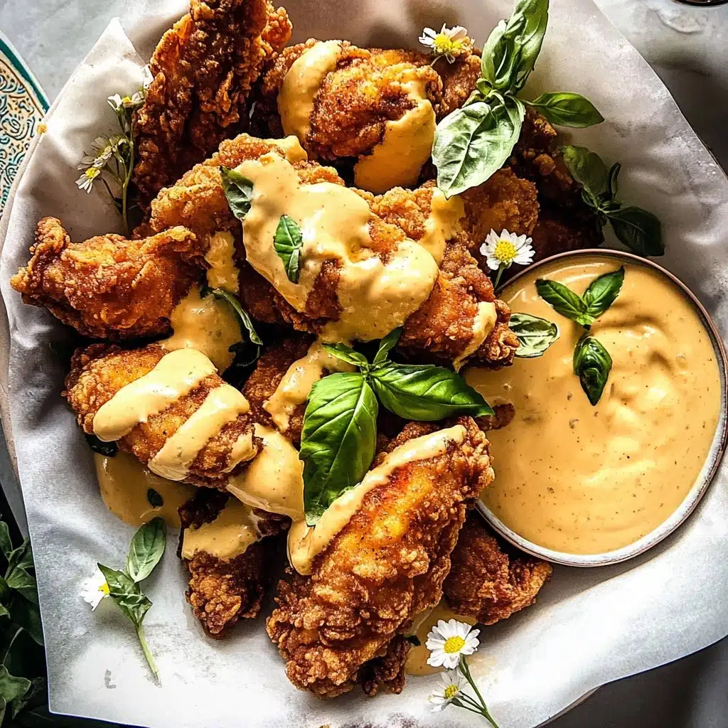 Pretzel Chicken Fingers with Honey Mustard Cheese Sauce Recipe - Recipe Image