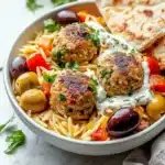 Greek Turkey Meatballs with Lemon Orzo & Creamy Feta Yogurt Sauce Recipe
