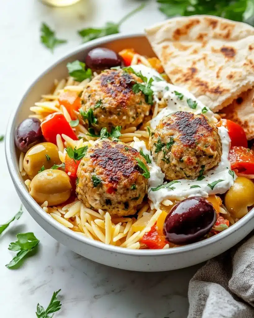 Greek Turkey Meatballs with Lemon Orzo & Creamy Feta Yogurt Sauce Recipe